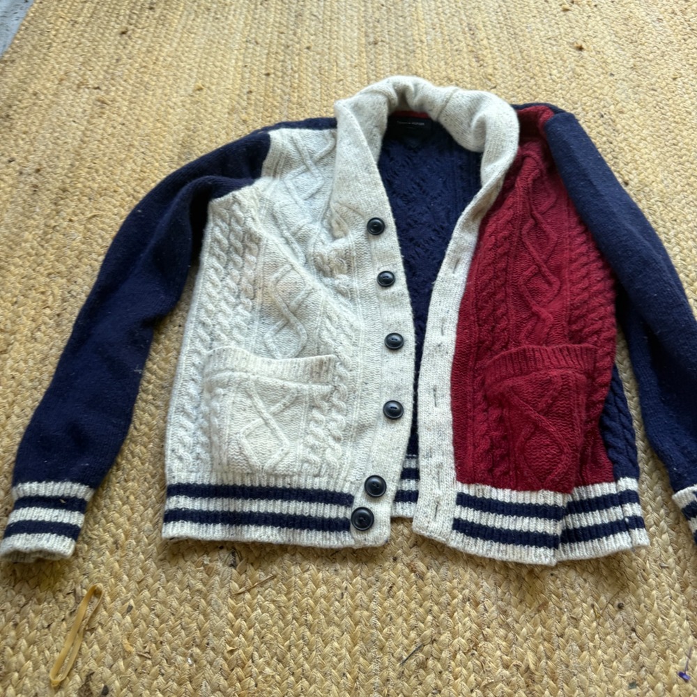 Tommy Hilfiger Colorblock Cable Knit Shawl Cardigan Navy Red Oatmeal Large Prep